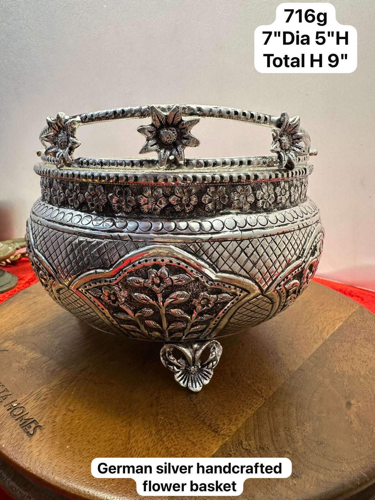 German Silver Handcrafted Flower Basket - Prasiddh Idols Presents Flower Basket
