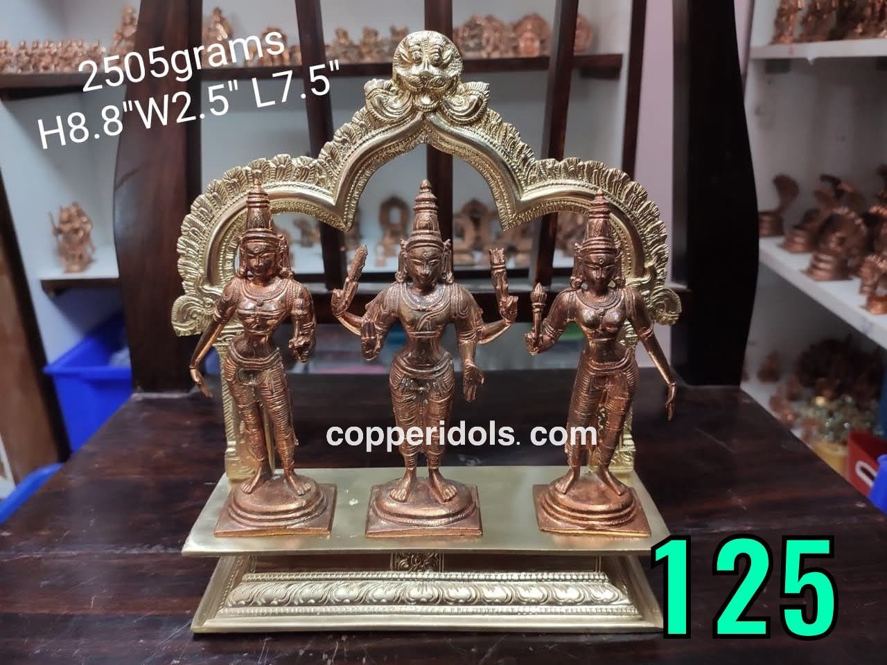 Prasiddh copper idols present copper idol of subramanya with valli devasena with brass peeta prabhavali