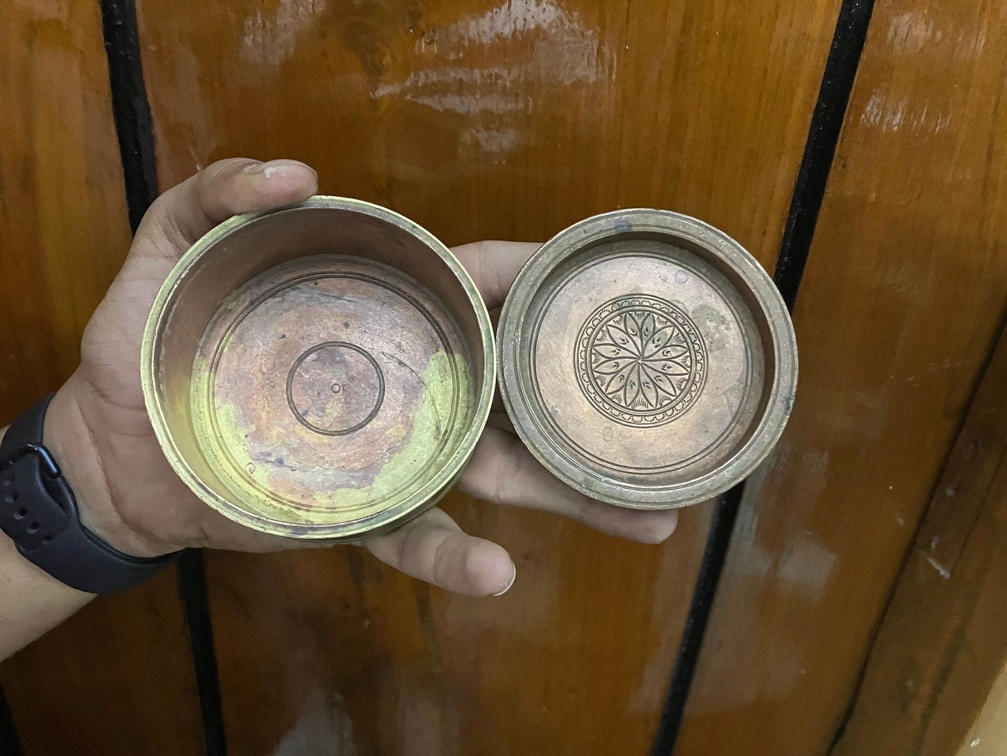 Vintage, brass and copper made ritual holy casted casket box