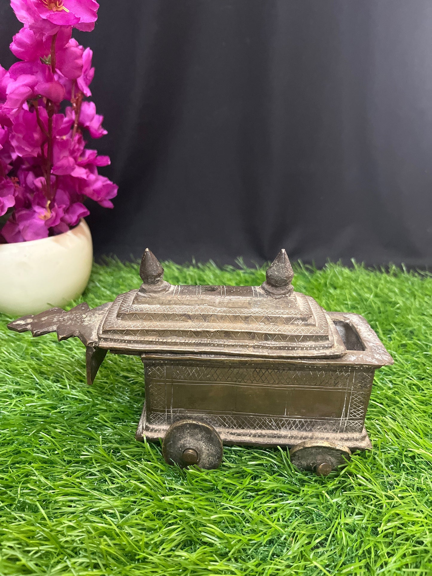 Vintage bronze vibhuti tray with wheels