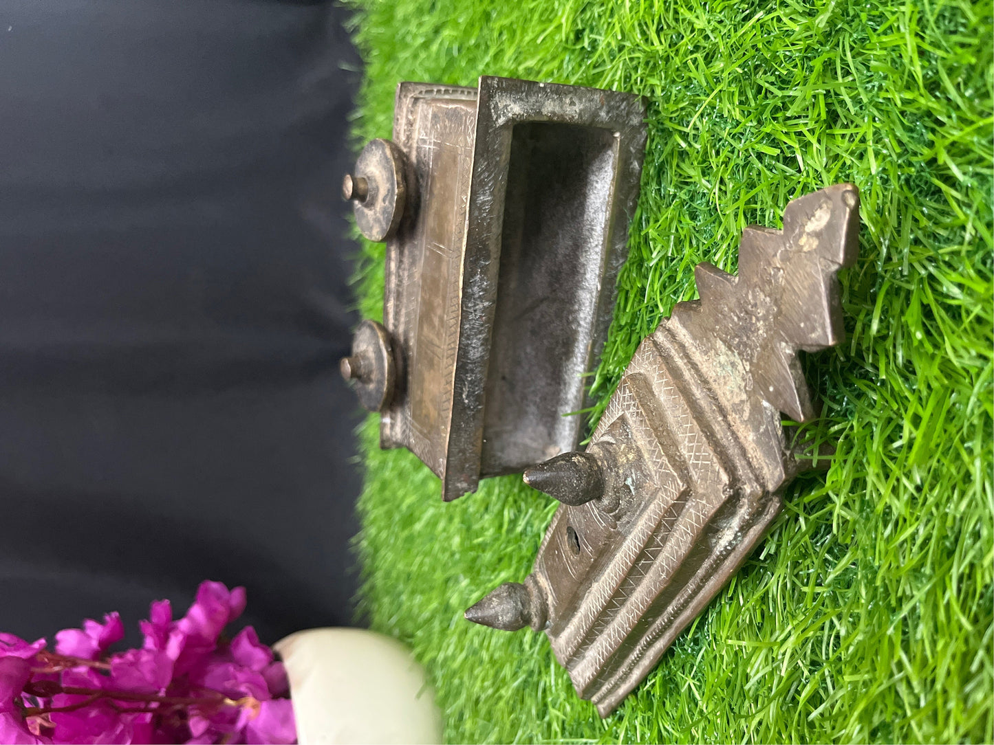 Vintage bronze vibhuti tray with wheels