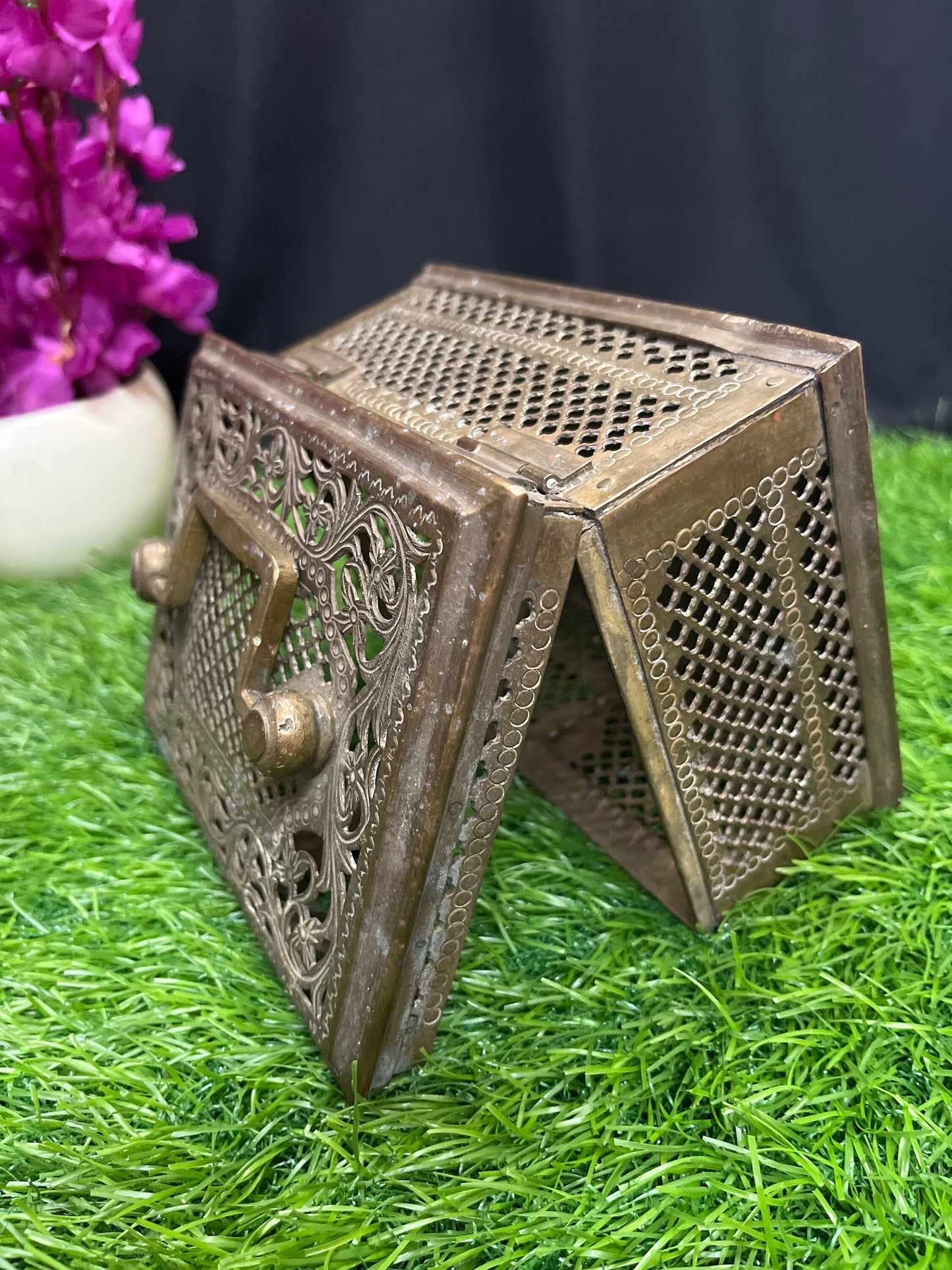 Vintage brass made gowri pettige or jali cut treasure box or samputa