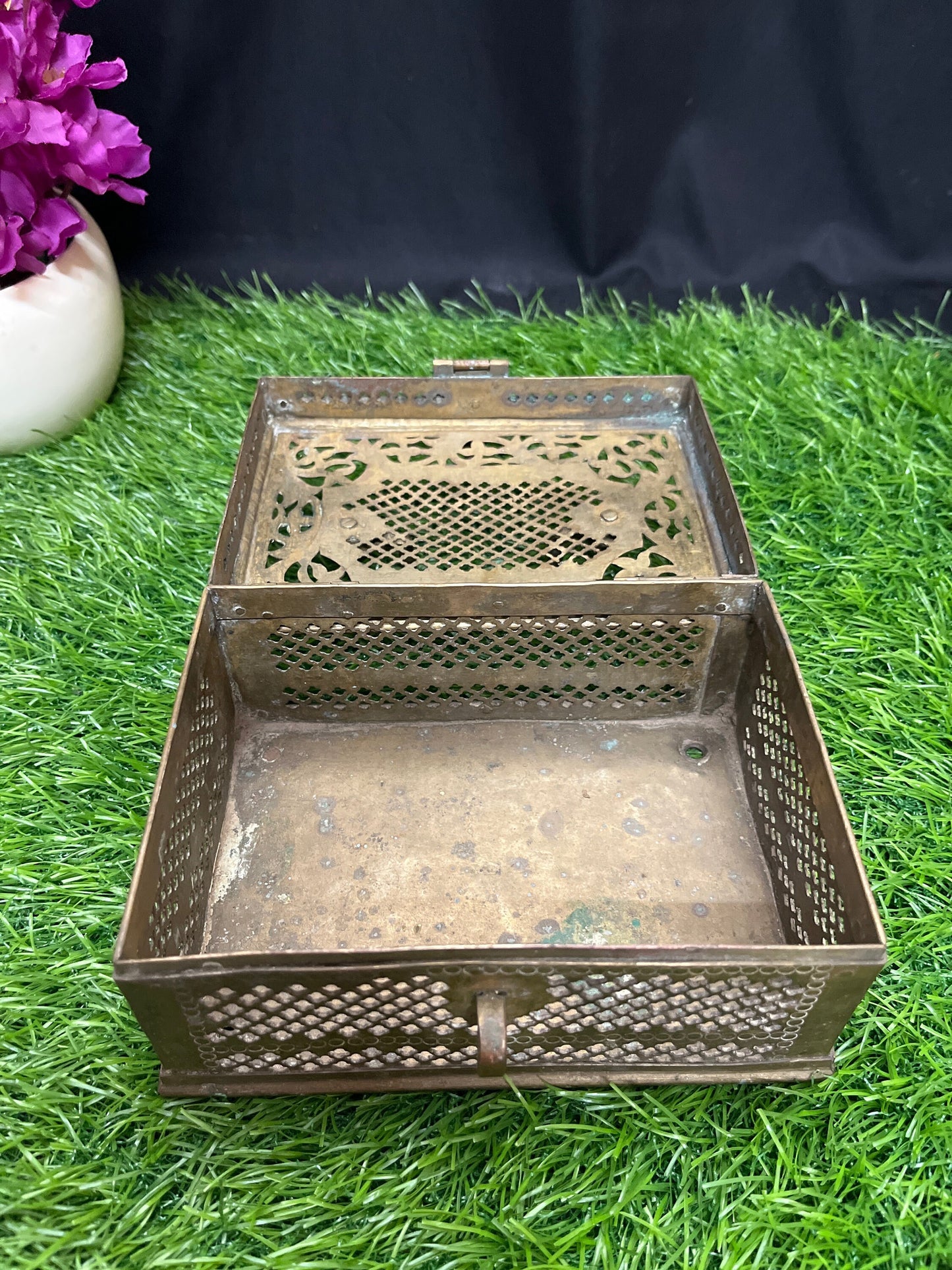 Vintage brass made gowri pettige or jali cut treasure box or samputa