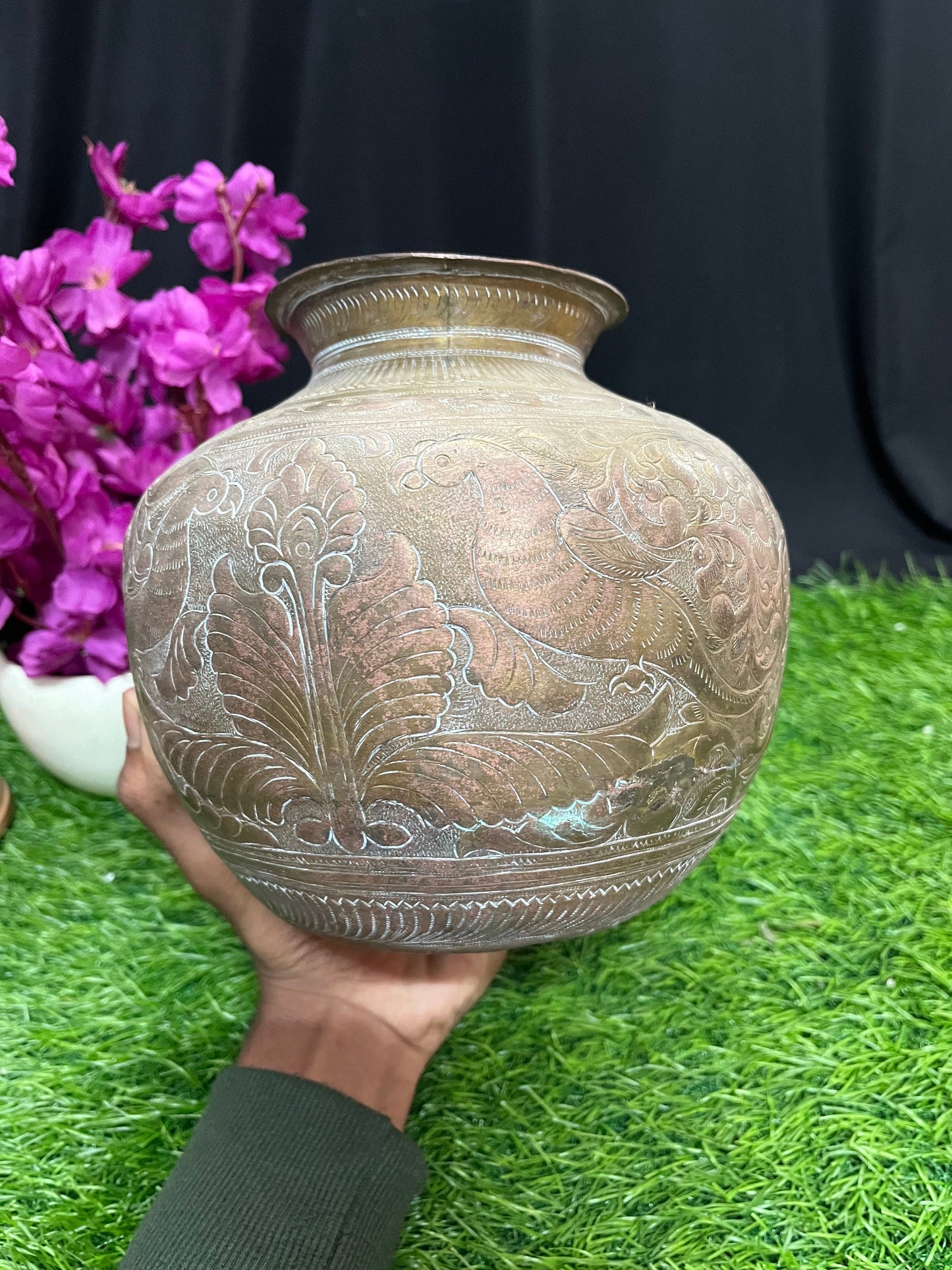 vintage brass made master pot with etchings and embossing of nature holy water vessel