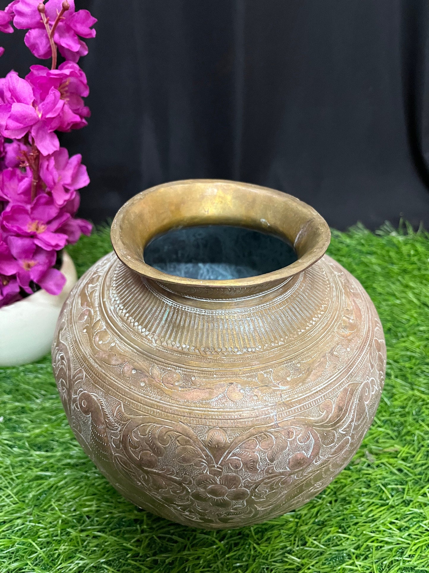 vintage brass made master pot with etchings and embossing of nature holy water vessel