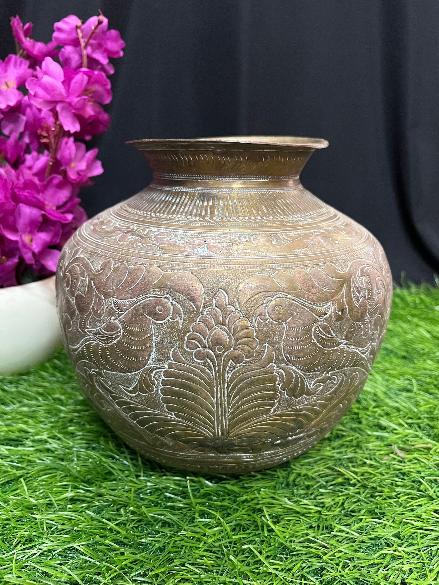 vintage brass made master pot with etchings and embossing of nature holy water vessel