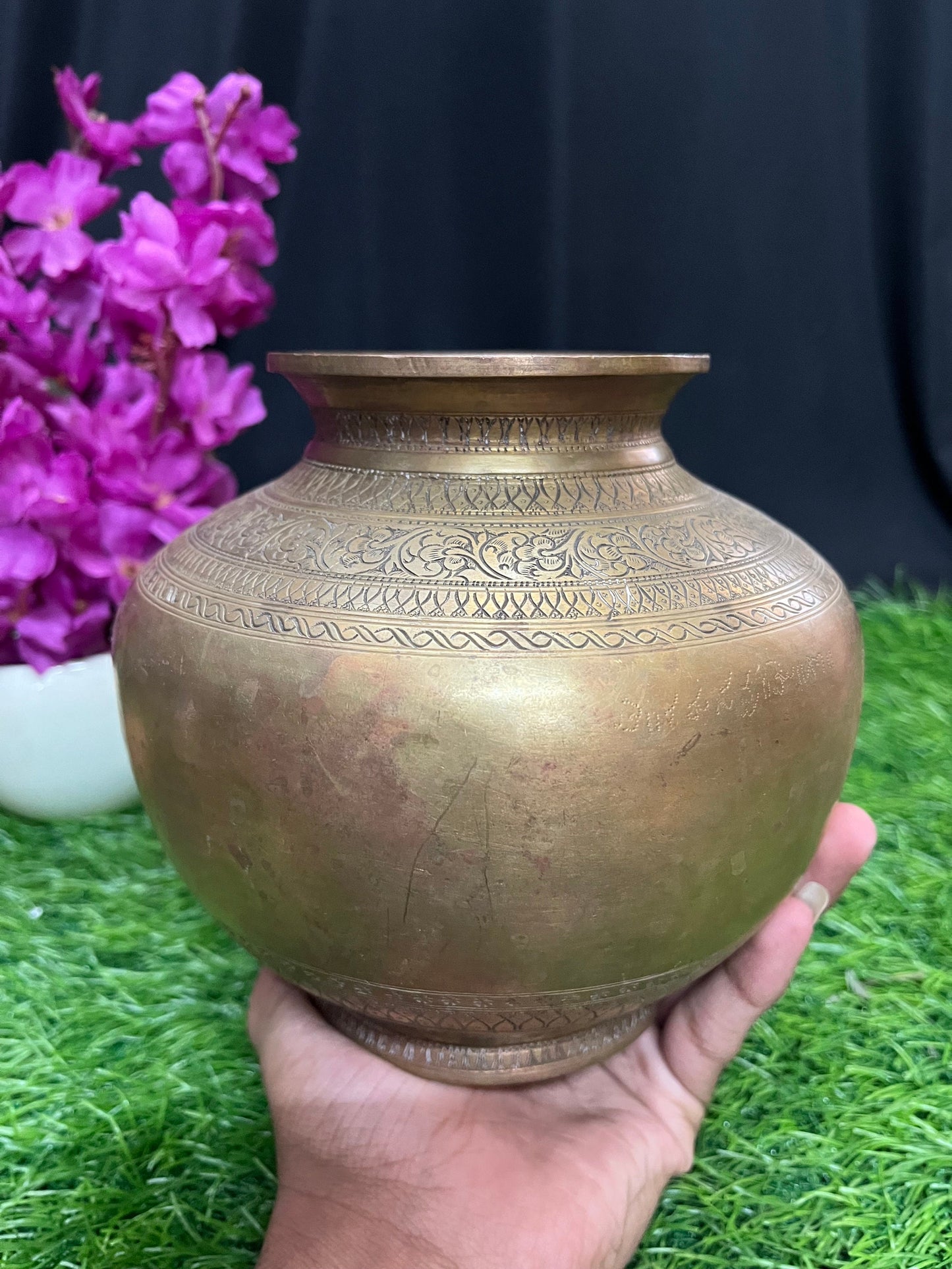 vintage bronze cast holy water ritual pot with intricate carvings from south india