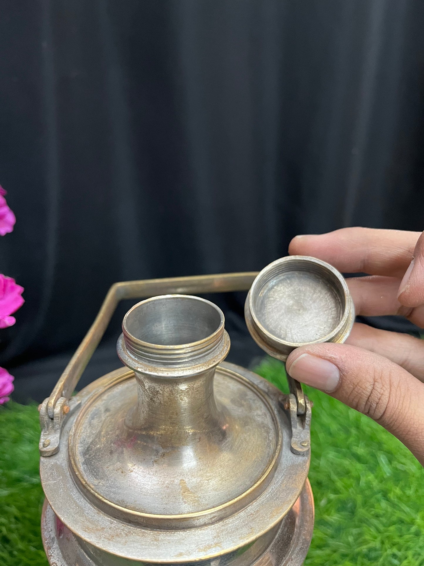 vintage white brass made water can ritual water carrier