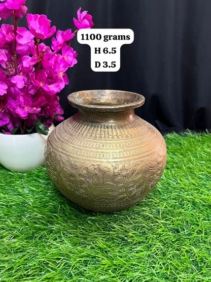 vintage brass made floral patterened kalsha pot from andhra