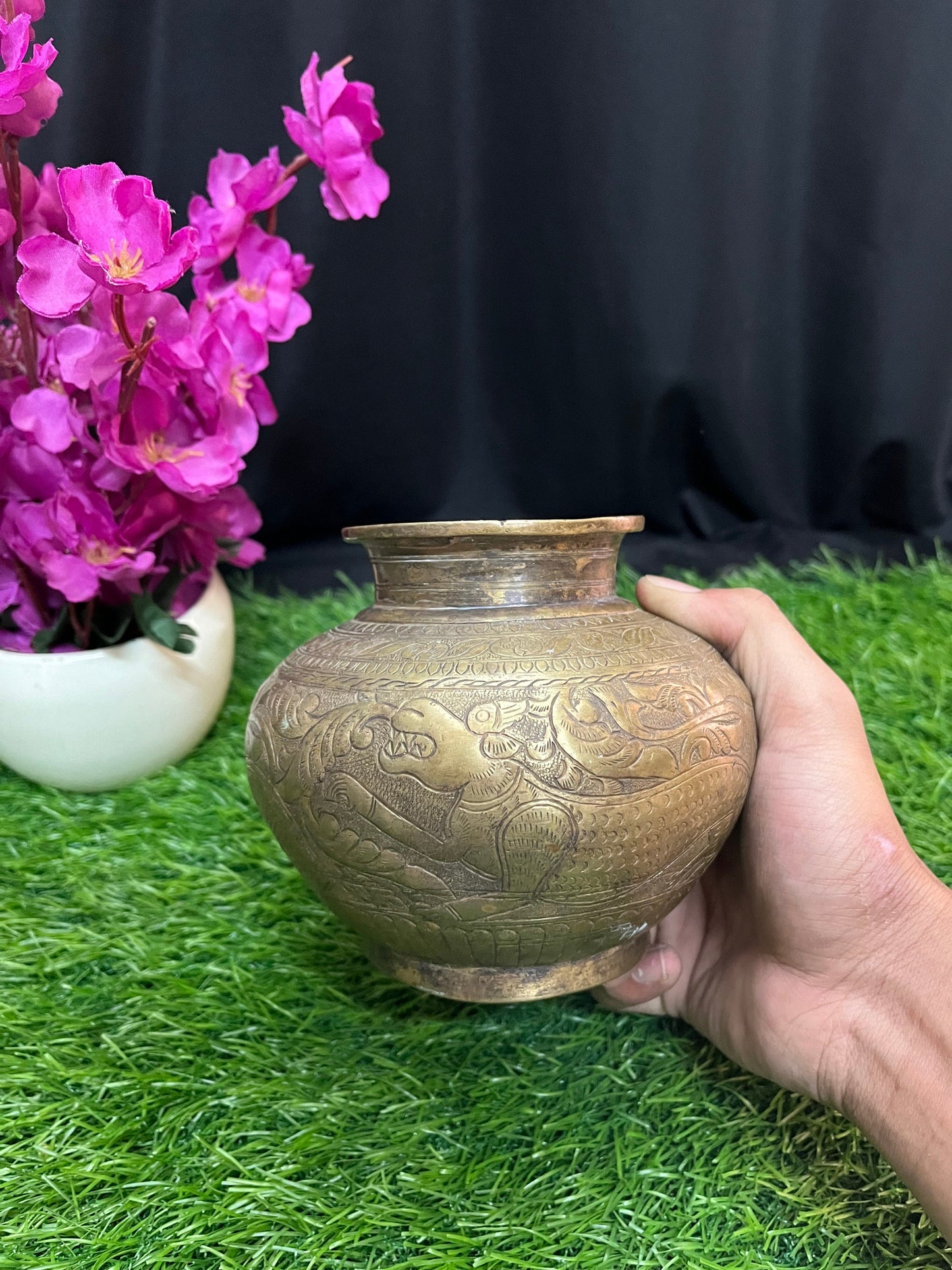 vintage brass made yaali embossed kalasha pot from andra