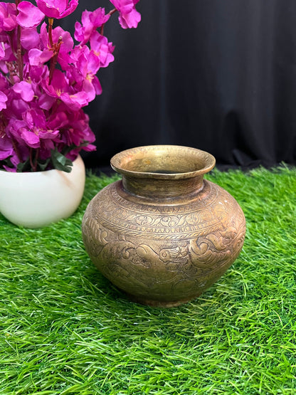 vintage brass made yaali embossed kalasha pot from andra