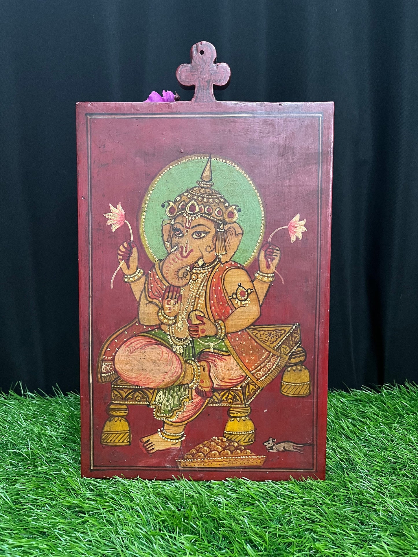 vintage wooden painted ganesha panel