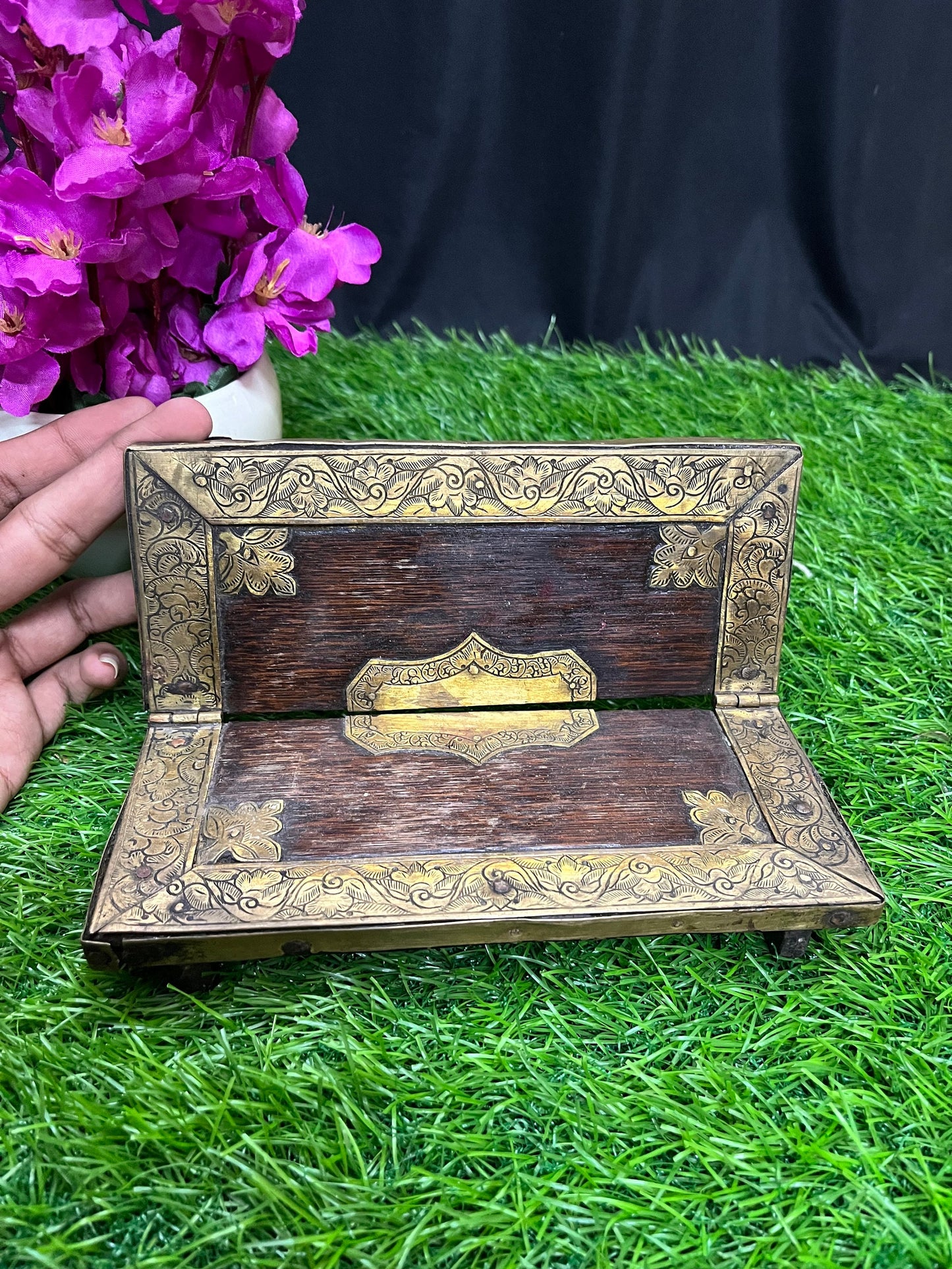 Brass fitted wooden pooja stand altar stand foldable