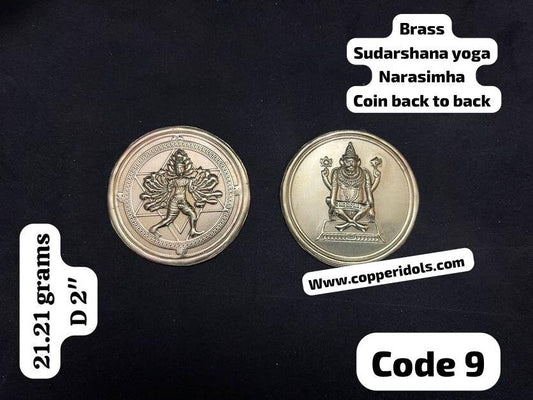 Prasiddh copper idols present brass coin of sudarshana and yoga narasimha on back to back