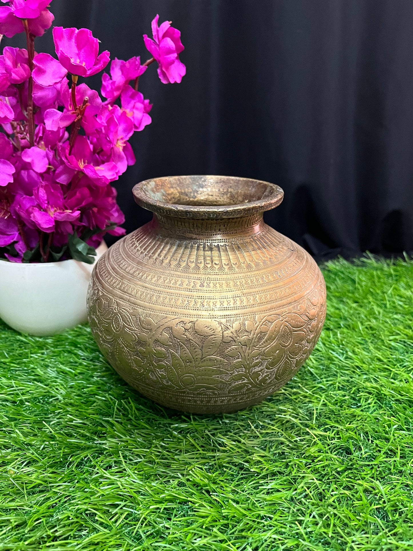 vintage brass made floral patterened kalsha pot from andhra