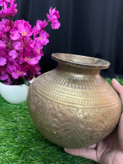 vintage brass made floral patterened kalsha pot from andhra