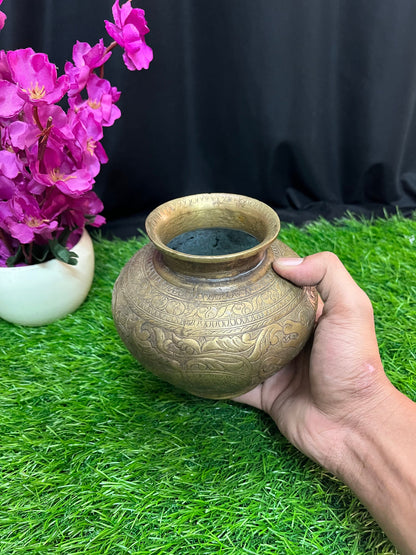 vintage brass made yaali embossed kalasha pot from andra