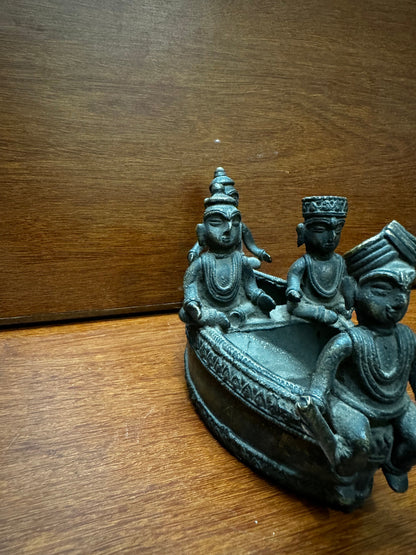 Vintage bronze cast boat with riders from deccan india, a rare collectible