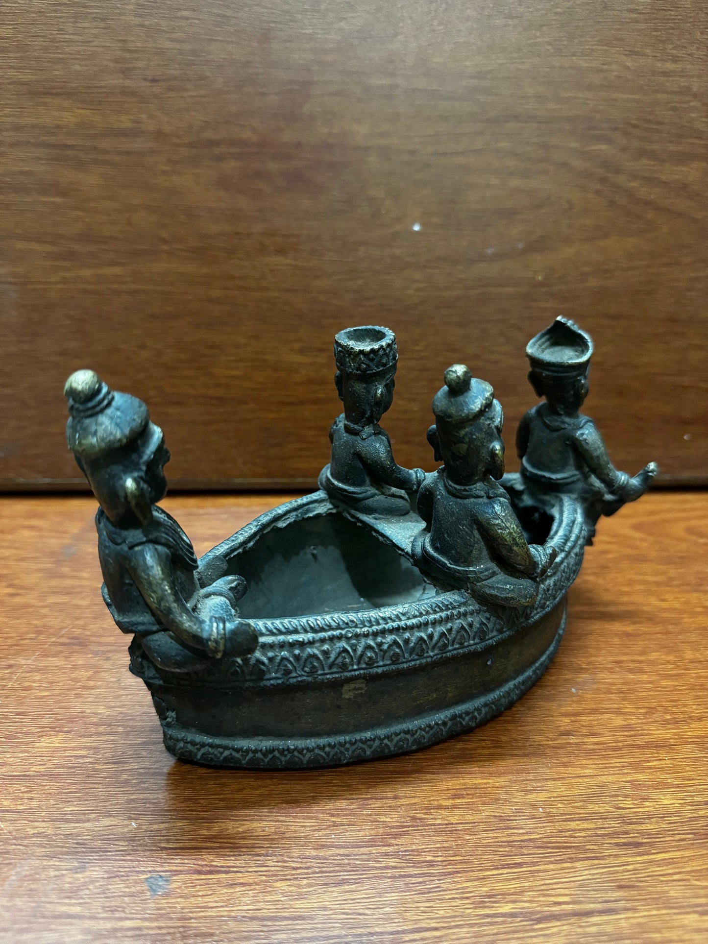 Vintage bronze cast boat with riders from deccan india, a rare collectible