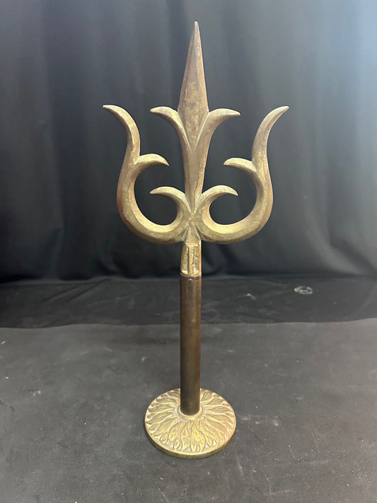 vintage bronze cast wooden handle Trishula