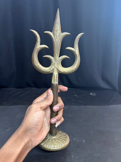 vintage bronze cast wooden handle Trishula