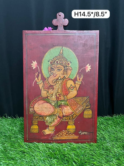 vintage wooden painted ganesha panel