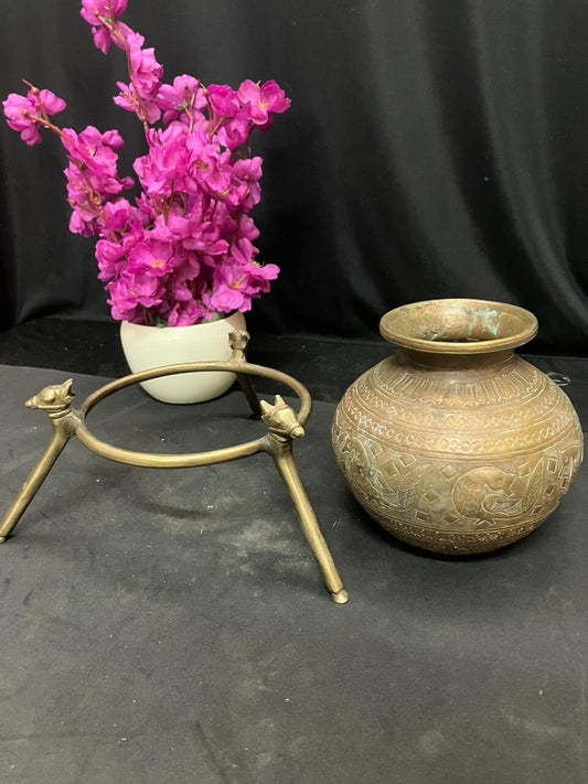 vintage bronze cast pooja holy water pot with nandi tripod