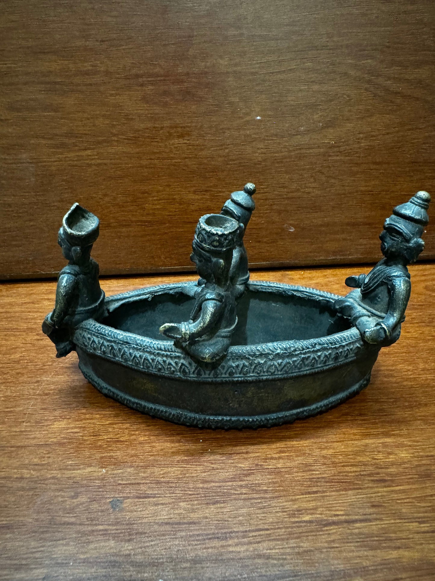 Vintage bronze cast boat with riders from deccan india, a rare collectible