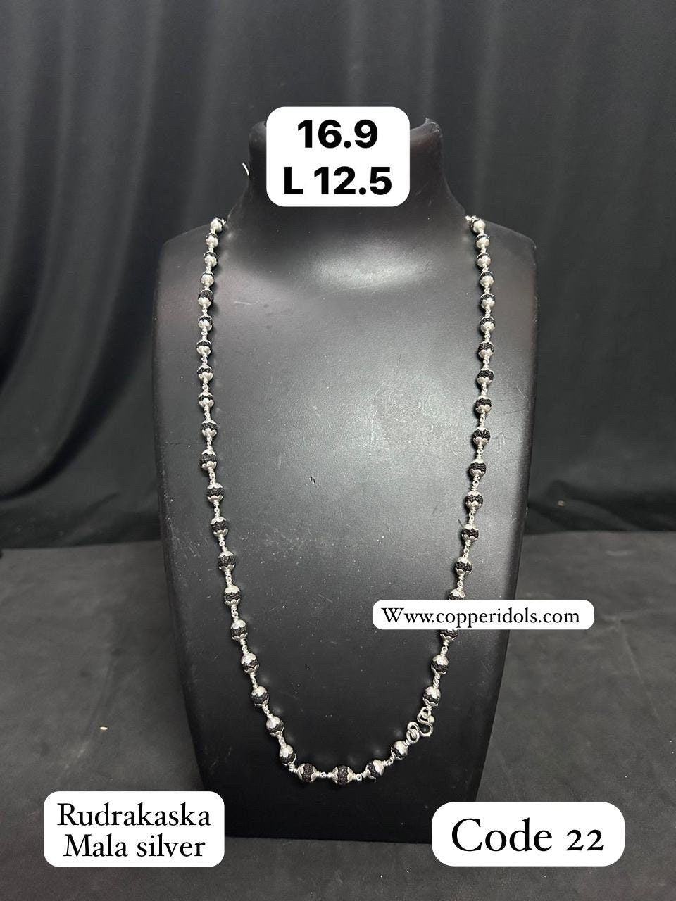 Rudrakasha mala in silver with silver capping for each beads