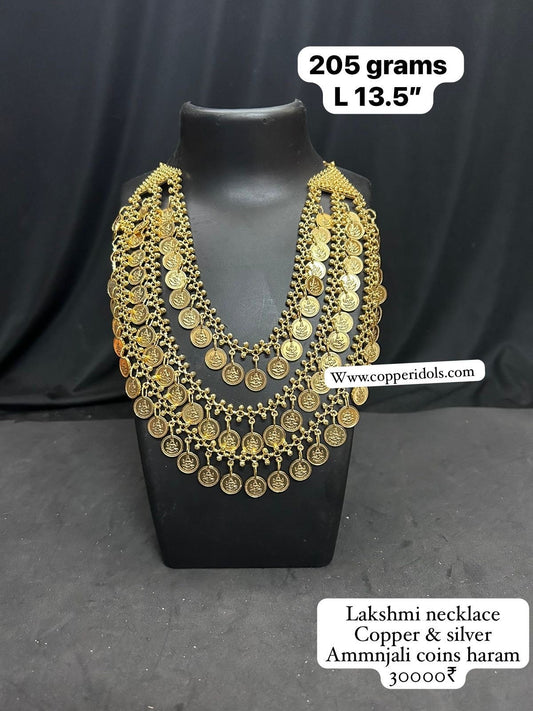 Copper made lakshmi coins with gold plating with silver chain Lakshmi necklace