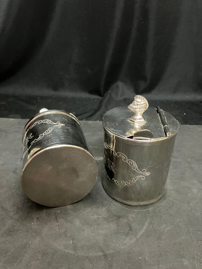 vintage brass made suga jar with lid and spoon , silver coated