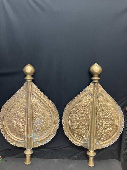 vintage brass cast ornated embossed heavy guage Chamaras to accompany god or flank the mantapam on either sides