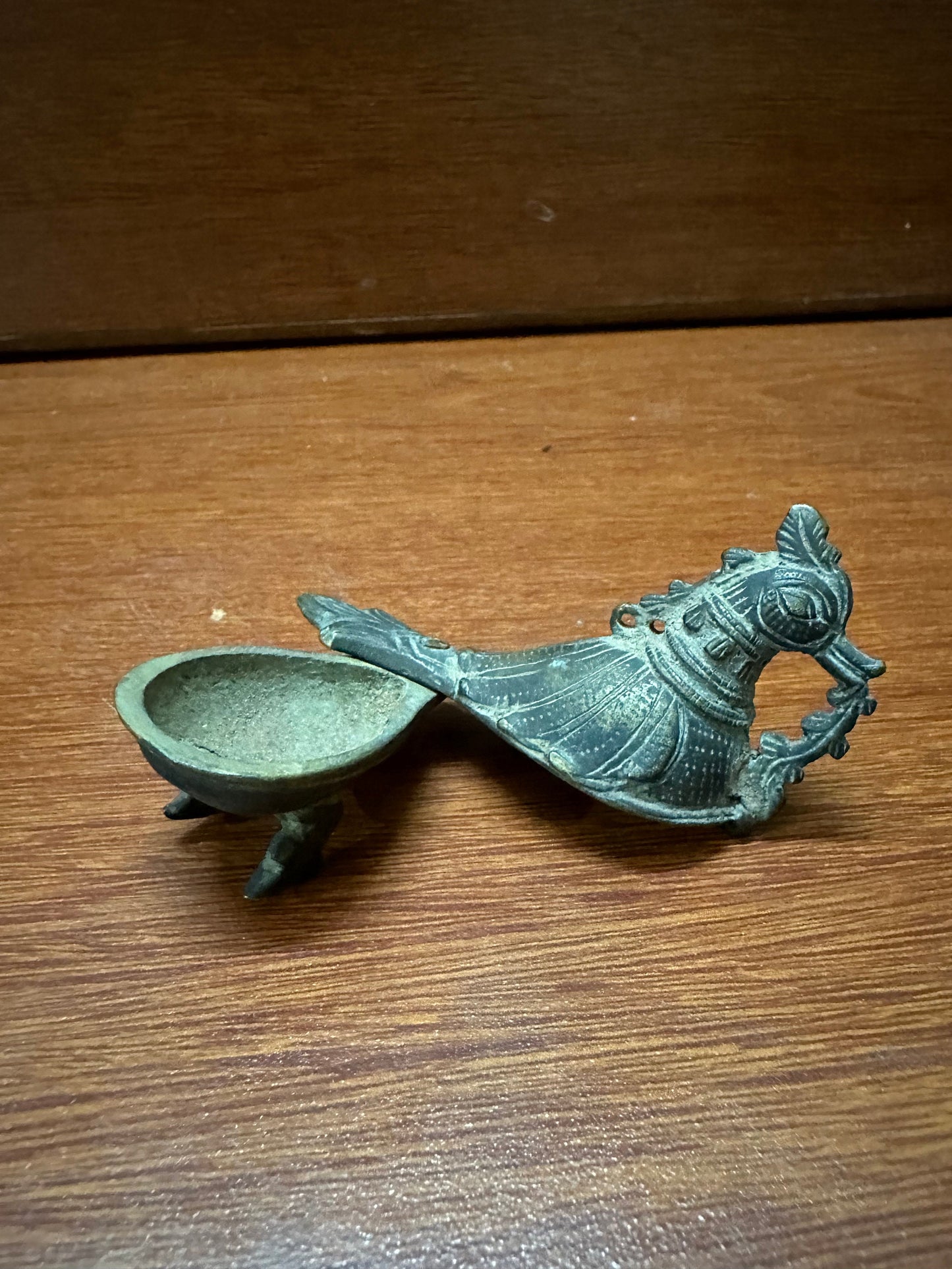 Vintage solid bronze cast kumkum container in a bird form from andhra