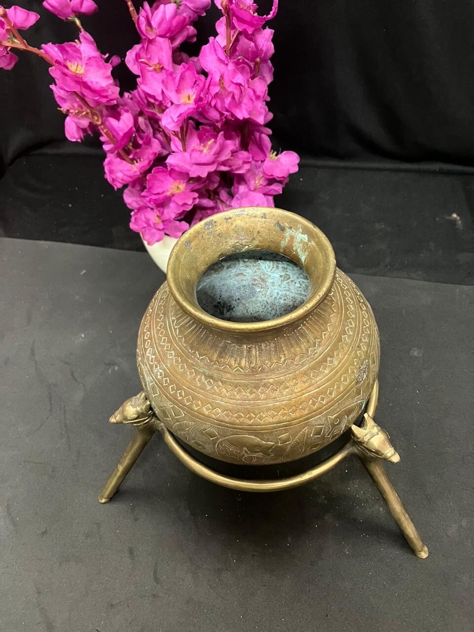 vintage bronze cast pooja holy water pot with nandi tripod