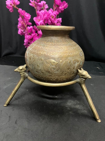 vintage bronze cast pooja holy water pot with nandi tripod