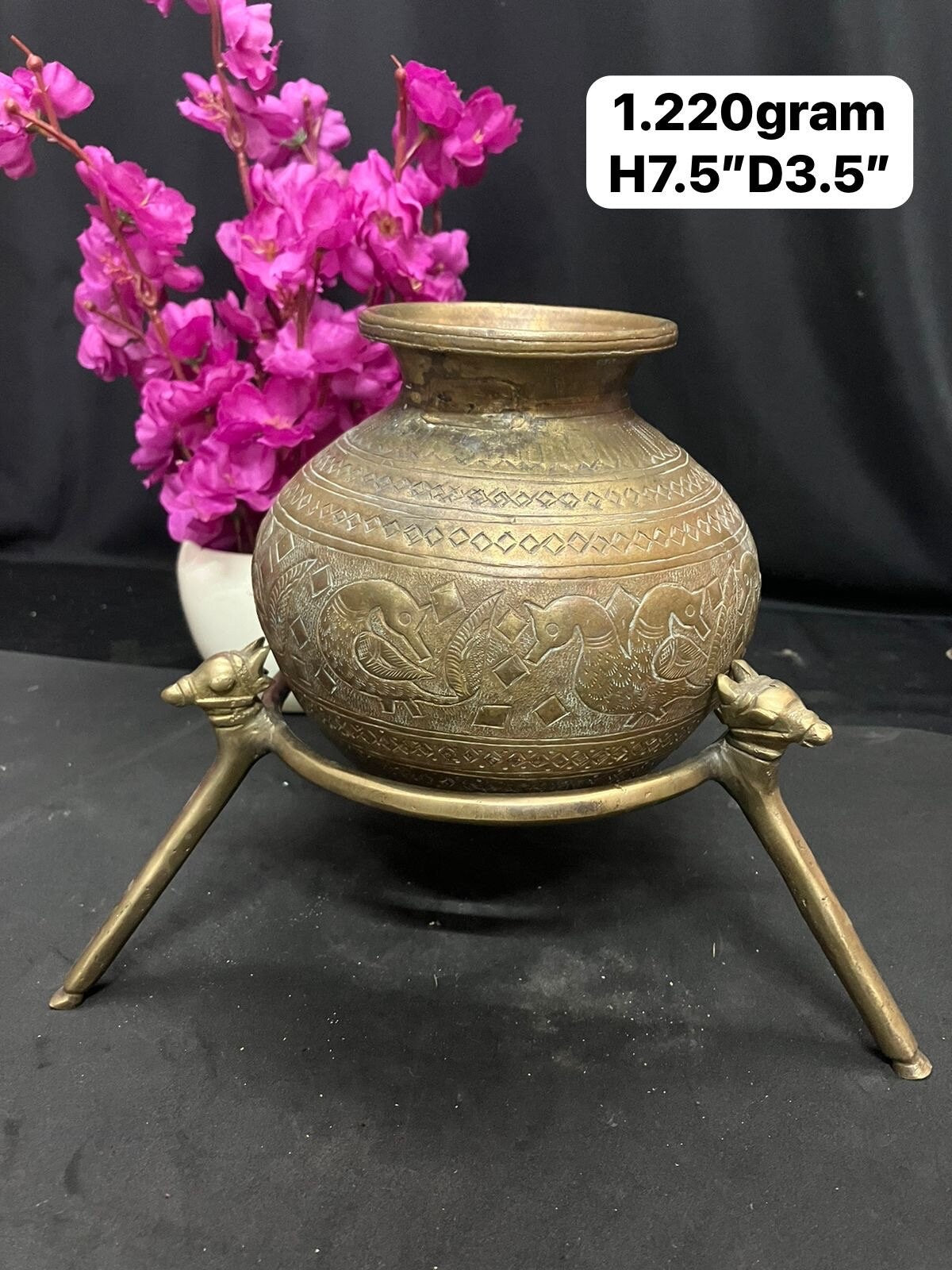 vintage bronze cast pooja holy water pot with nandi tripod