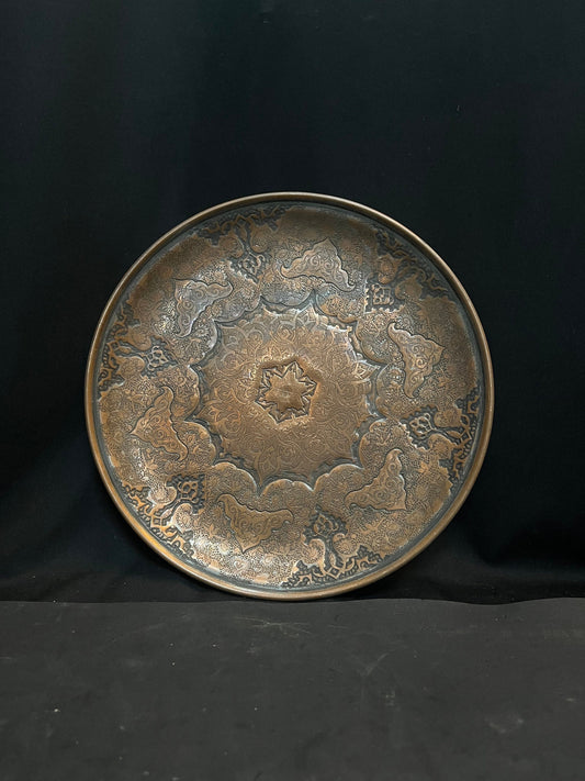 Vintage copper hand made thick decor plate with intricate floral patterns