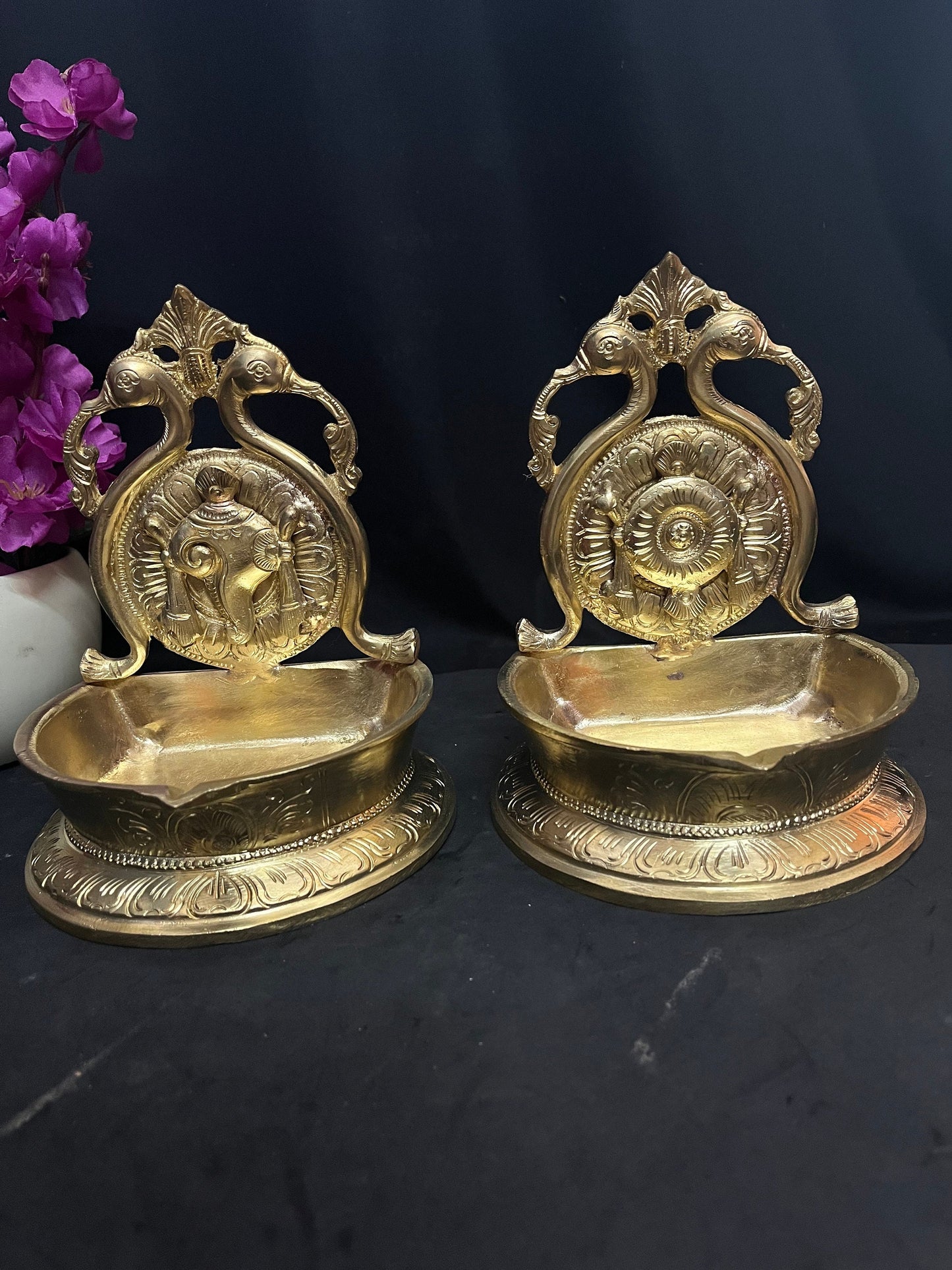 Panchaloha made Shanku Chakra Hamsa deepa oil lamps