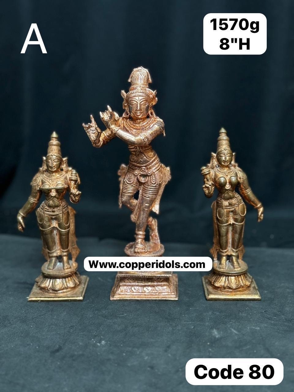 Copper cast Gopala Krishna in chola style with rukmini satyabhama