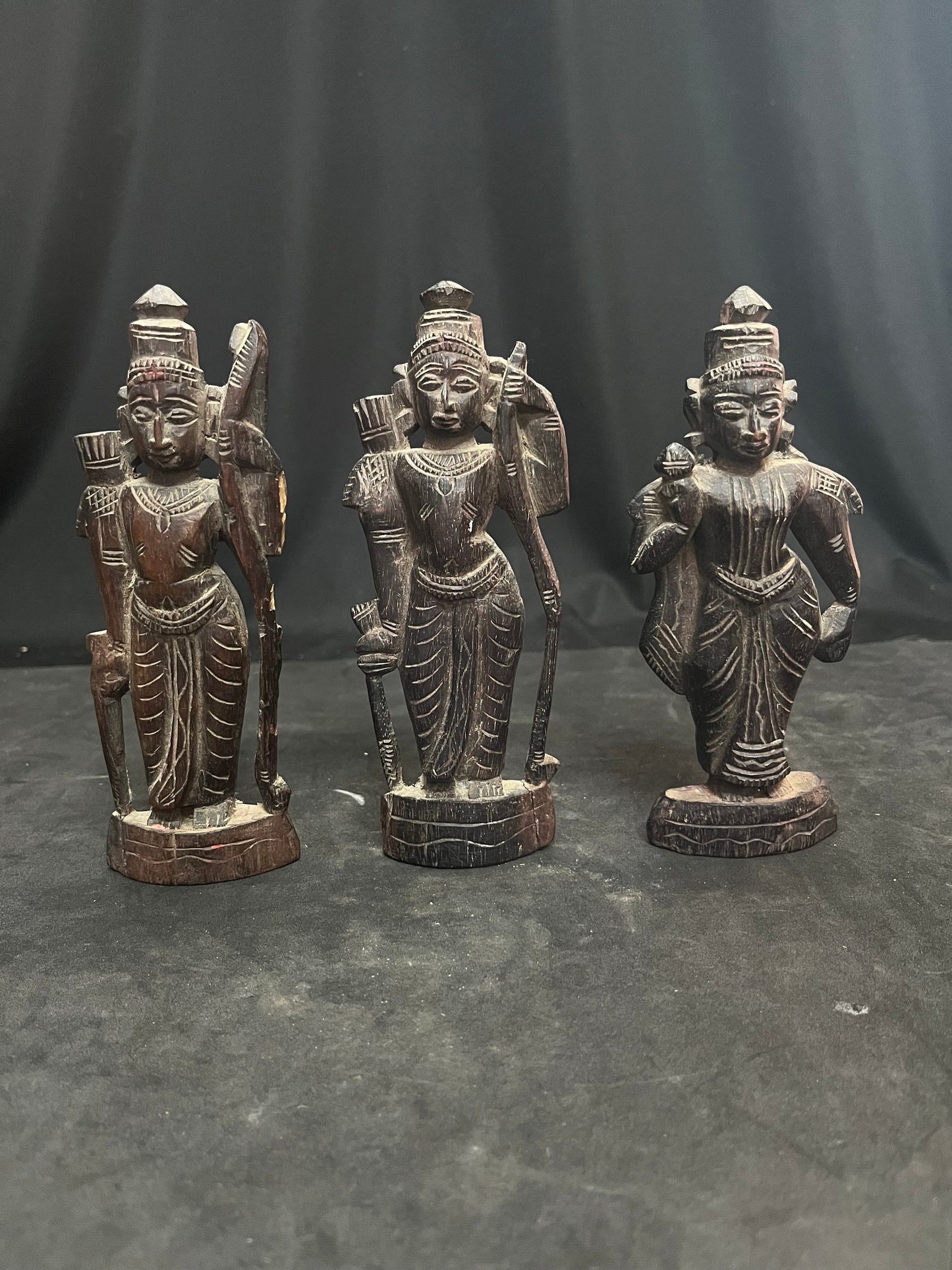 vintage red sandal wood carved rama sita lakshmana set from karnataka