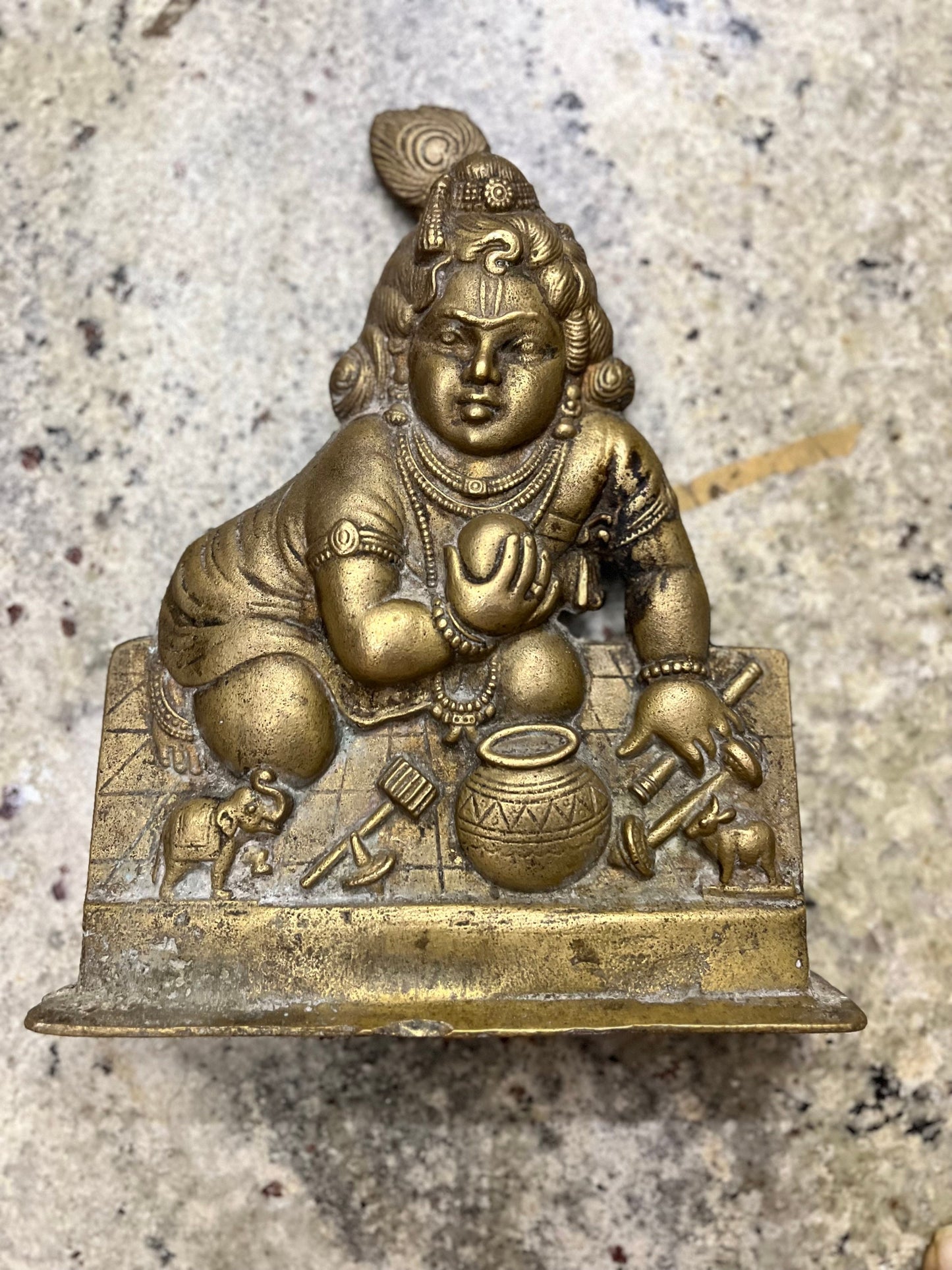 Vintage brass cast krishna plaque