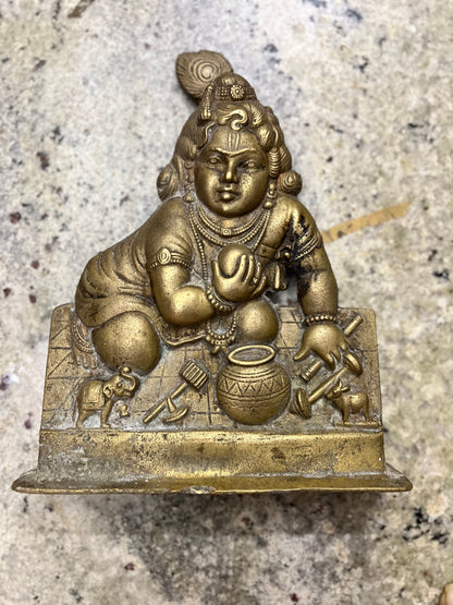 Vintage brass cast krishna plaque