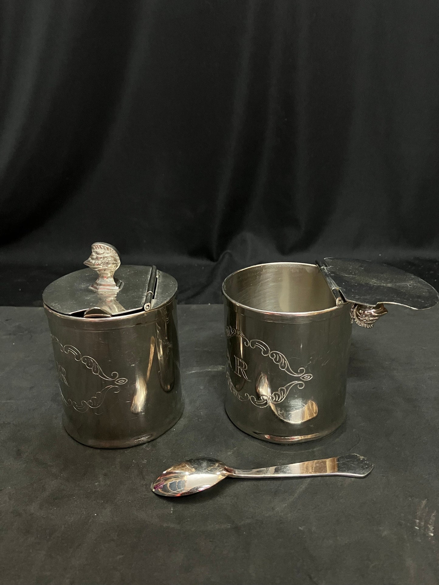 vintage brass made suga jar with lid and spoon , silver coated