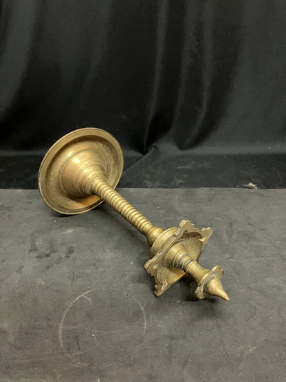 vintage bronze cast unique shaped oil lamp with flower bud atop