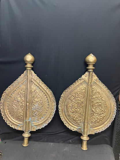 vintage brass cast ornated embossed heavy guage Chamaras to accompany god or flank the mantapam on either sides