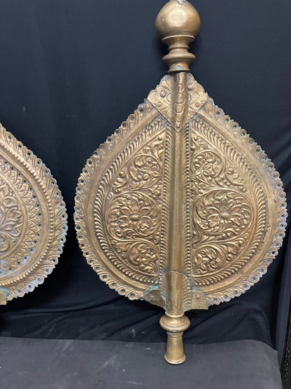 vintage brass cast ornated embossed heavy guage Chamaras to accompany god or flank the mantapam on either sides