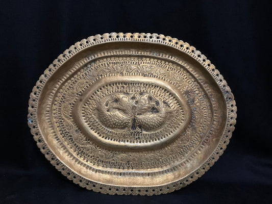 vintage bronze cast Mysore decorative oval plates with holes around embossed with yaalis