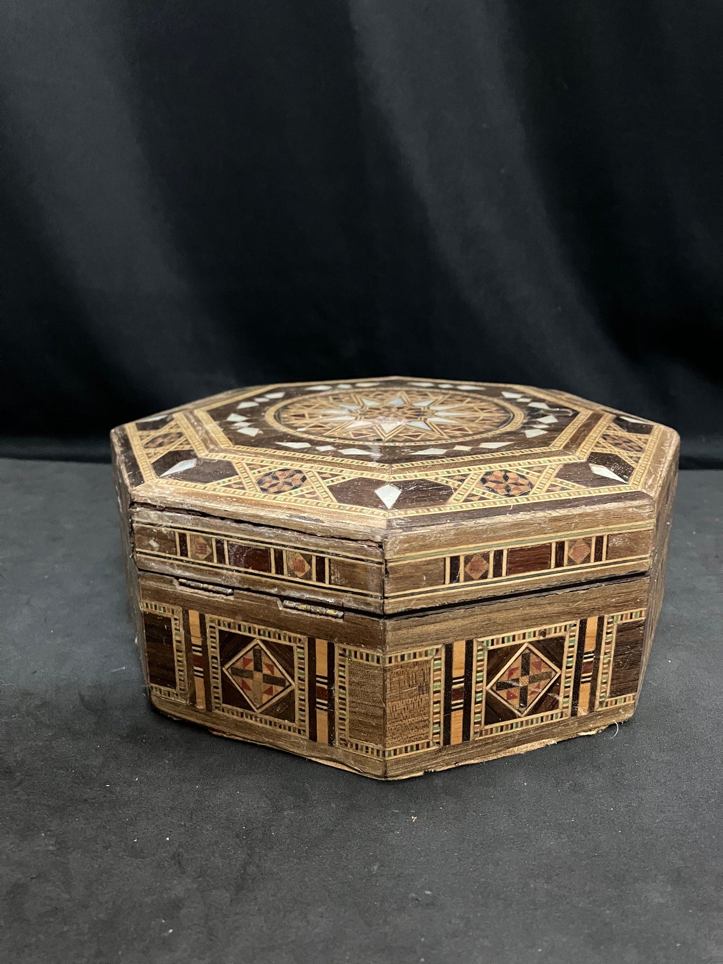 Vintage octogonal wooden jewellery box with enamelled work