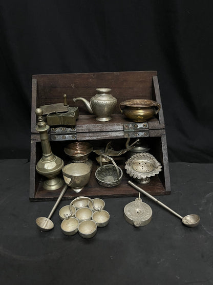 vintage white brass miniature set of golu items , a rare collection in a wooden box