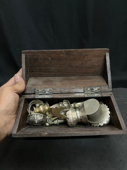 vintage white brass miniature set of golu items , a rare collection in a wooden box